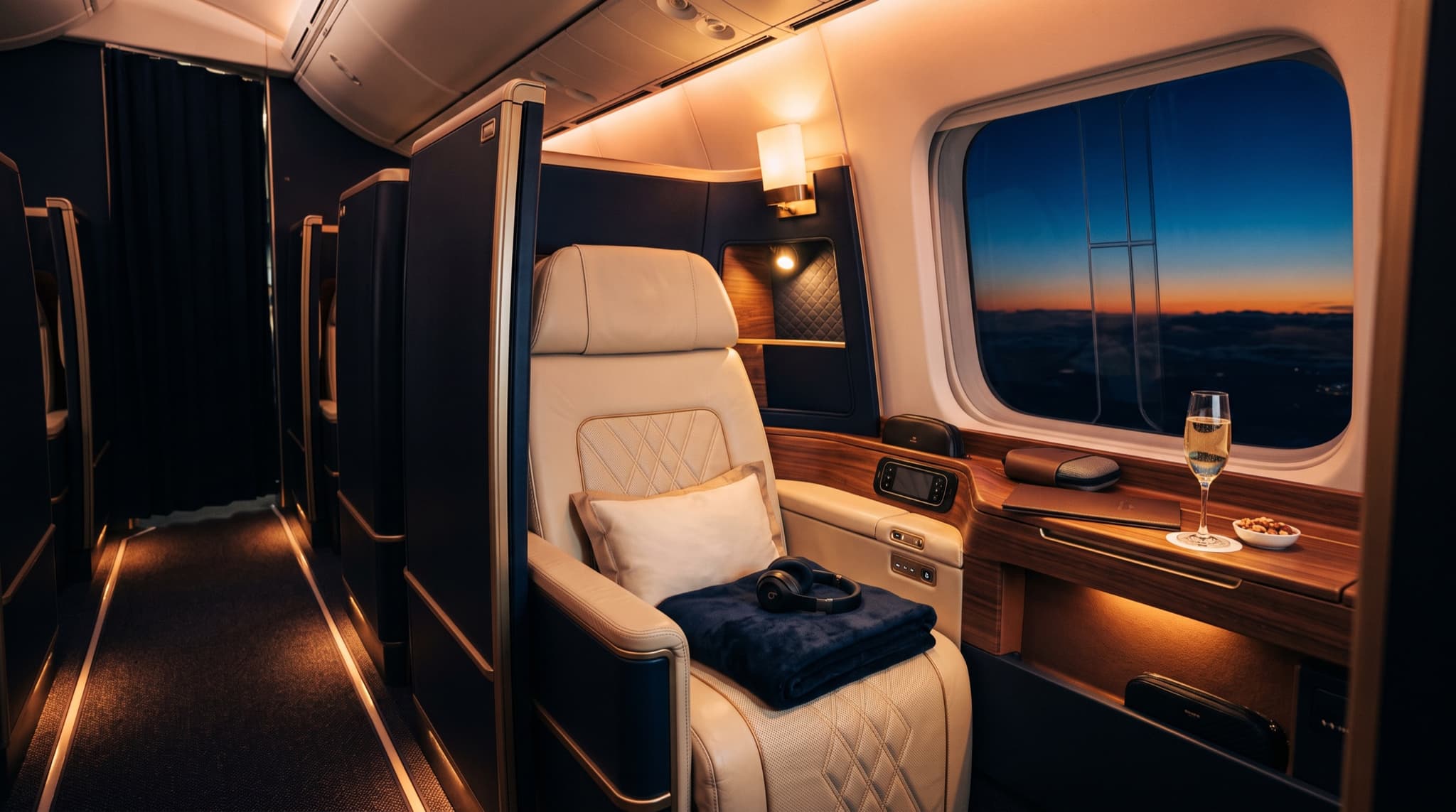Business class cabin at dusk with champagne service