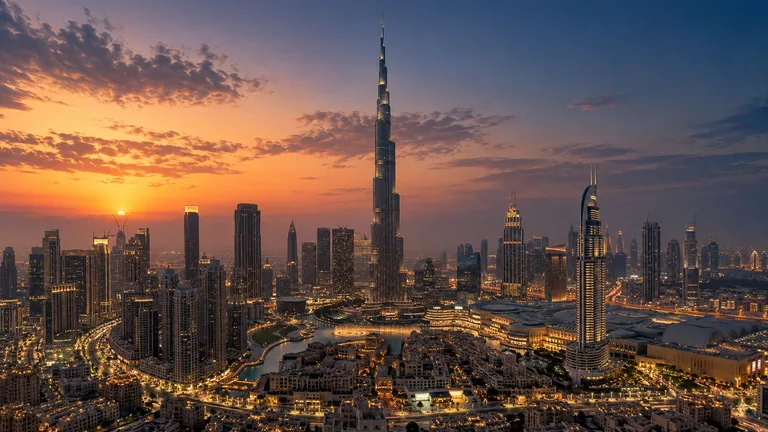 Burj Khalifa above Dubai at sunset